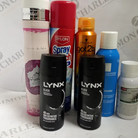 BOX OF APPROX 20 ASSORTED AEROSOLS INCLUDING DYLON SPRAY STARCH, SCHWARZKOPF GOT2B OIL-LICIOUS, LA ROCHE POSAY SEROZINC - COLLECTION ONLY