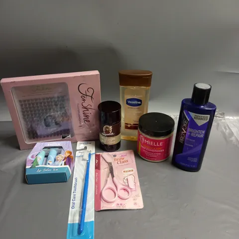 BOX OF APPROXIMATELY 20 COSMETIC ITEMS TO INCLUDE - DISNEY FROZEN LIP BALM - PROVOKE PURPLE SHAMPOO - VASELINE BODY OIL - ETC