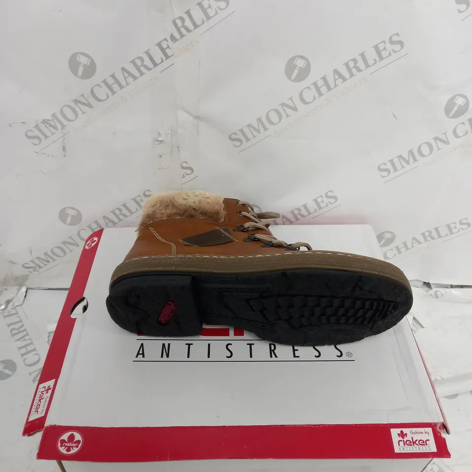 BOXED PAIR OF RIEKER LACE UP ANKLE BOOTS - TAN - UK SIZE 5
