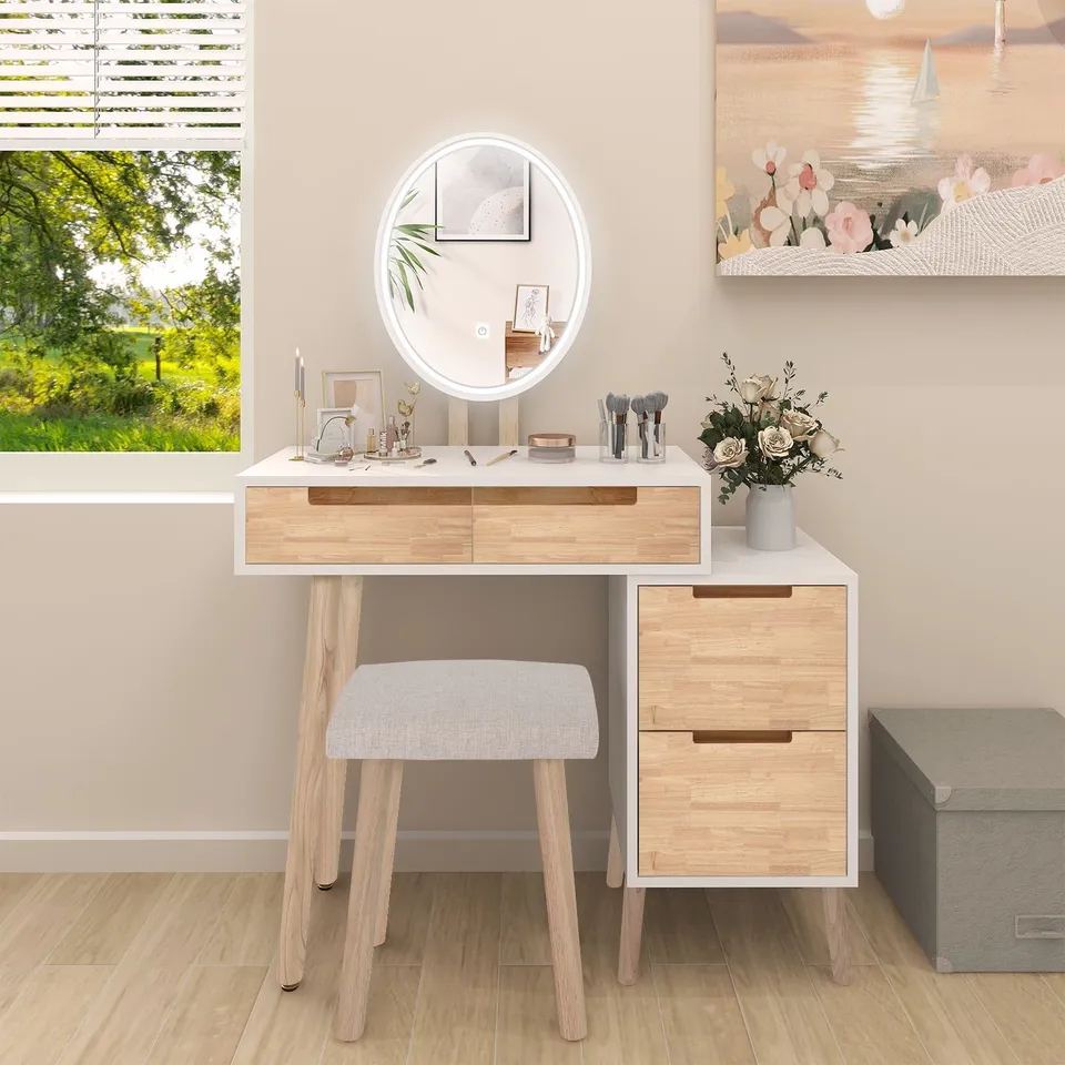 BOXED DRESSING TABLE WITH LED MIRROR, CHEST OF DRAWERS WITH 4 DRAWERS AND STOOLS, WOOD