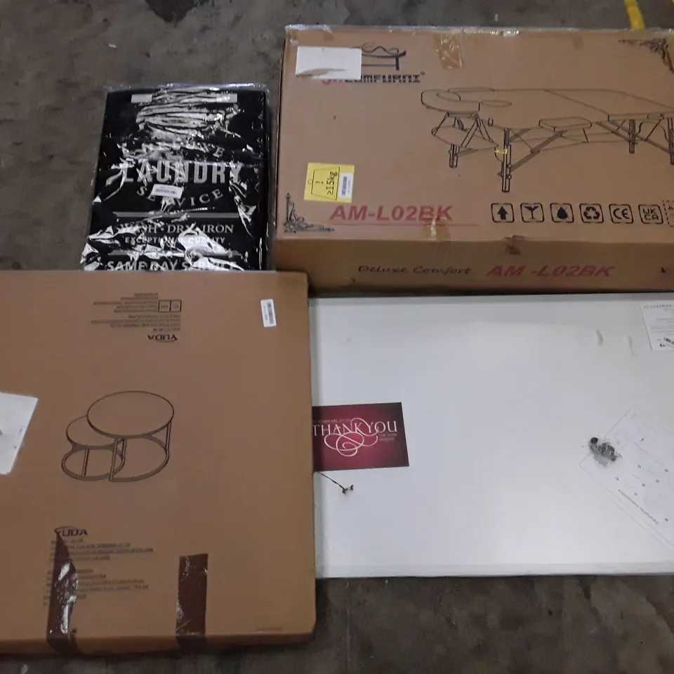 PALLET OF ASSORTED PRODUCTS INCLUDING ROUND NESTING COFFEE TABLE, WHITEBOARD, MASSEUSE TABLE, LAUNDRY BASKET, WOODEN FRAME BASKET