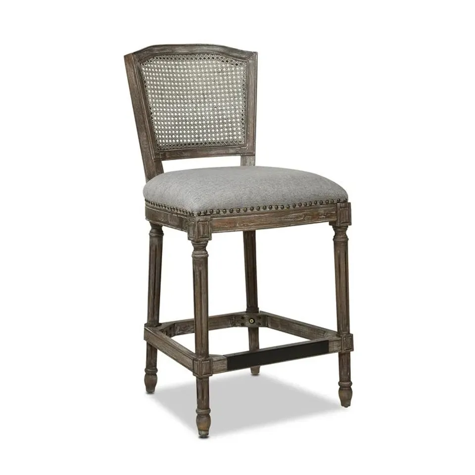 BOXED TRIOMPHE RATTAN WICKER HIGH BACK ARMLESS COUNTER BAR STOOL, DARK HEATHERED GREY LINEN (1 BOX)