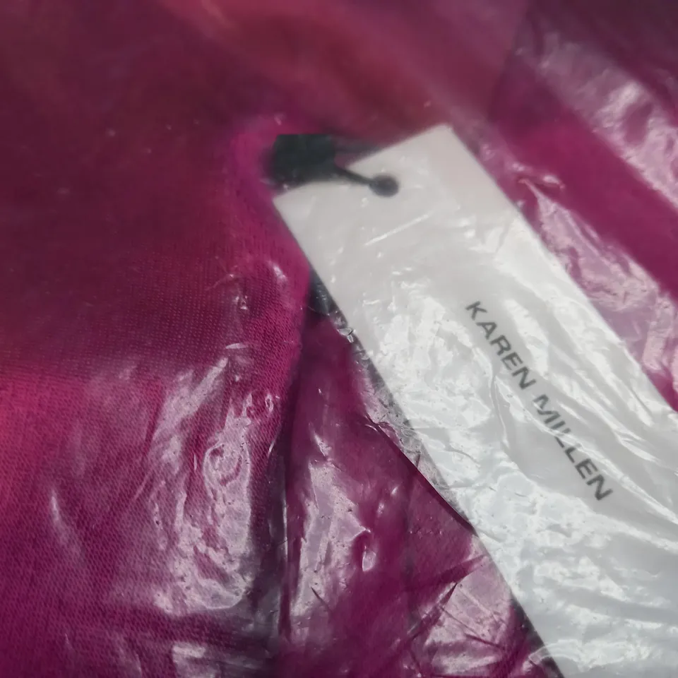 PACKAGED KAREN MILLEN MAGENTA VISCOSE SATIN BATWING WRAP MIDI DRESS - SIZE 16