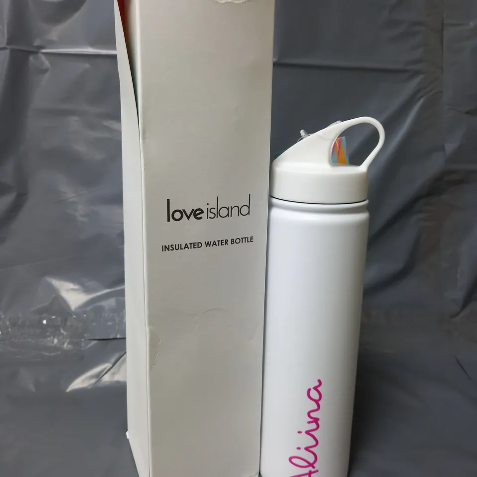 BOXED LOVE ISLAND INSULATED WATER BOTTLE IN WHITE ('ALIINA')