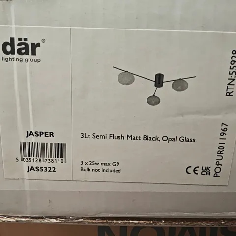 BOXED DAR JASPER 3-LIGHT SEMI FLUSH LIGHT IN MATT BLACK AND OPAL GLASS