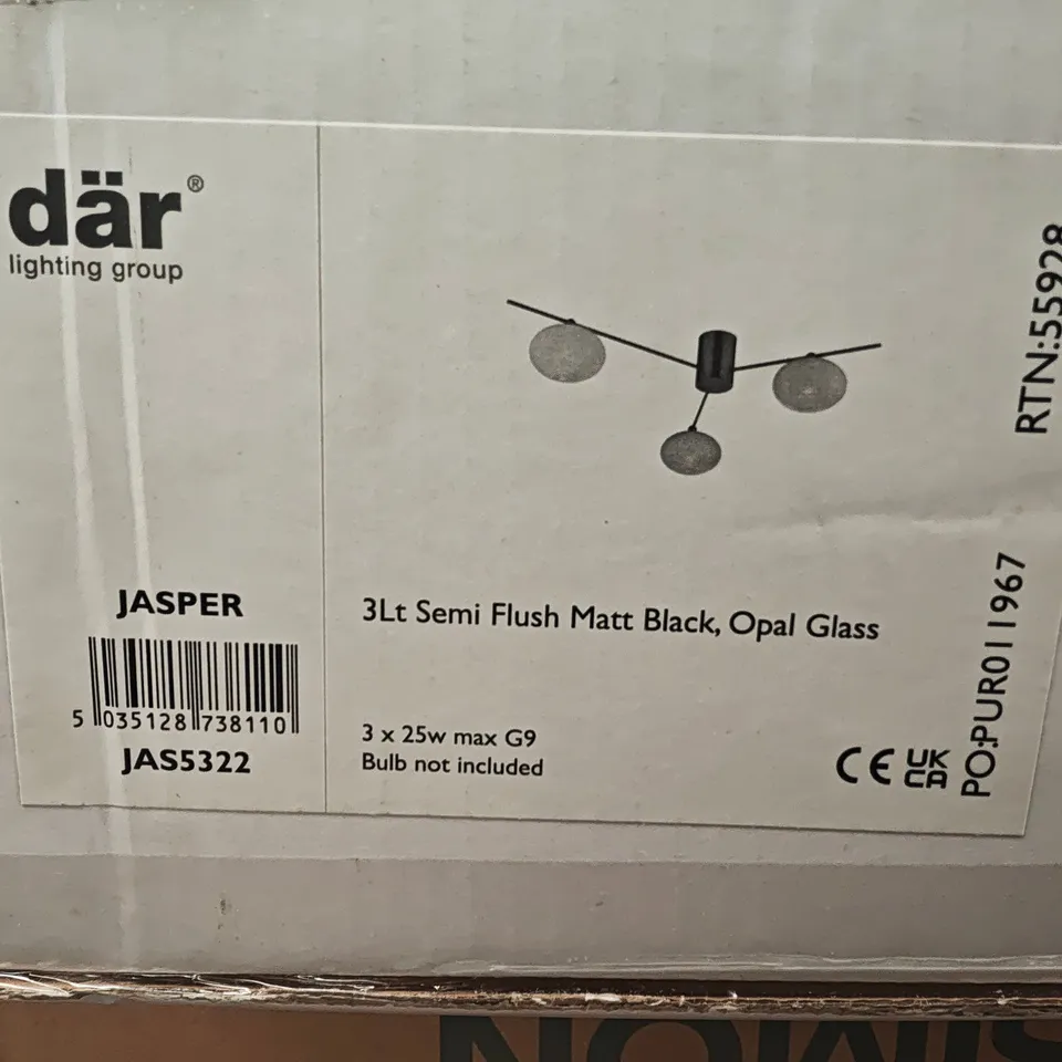 BOXED DAR JASPER 3-LIGHT SEMI FLUSH LIGHT IN MATT BLACK AND OPAL GLASS
