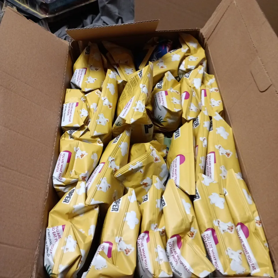 BOX OF APPROXIMATELY 22 X PROPER CORN SWEET AND SALTY POPCORN 30G