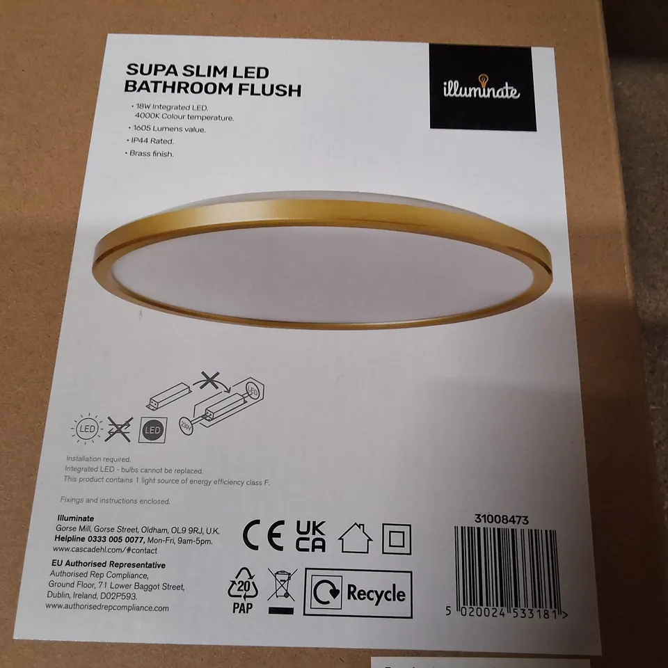 BOXED ILLUMINATE SUPA SLIM LED BATHROOM FLUSH CEILING LIGHT - BRASS FINISH, 18W, 4000K (IP44)