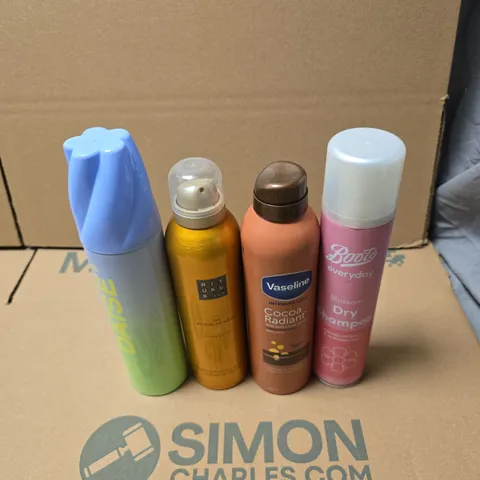 TOTE OF APPROXIMATELY 12 ASSORTED AEROSOL PRODUCTS TO INCLUDE BOOTS DRY SHAMPOO, VASELINE COCOA RADIANT BODY LOTION, THE RITUAL OF MEHR SHOWER GEL, DAISE COCONUT WHIP ETC
