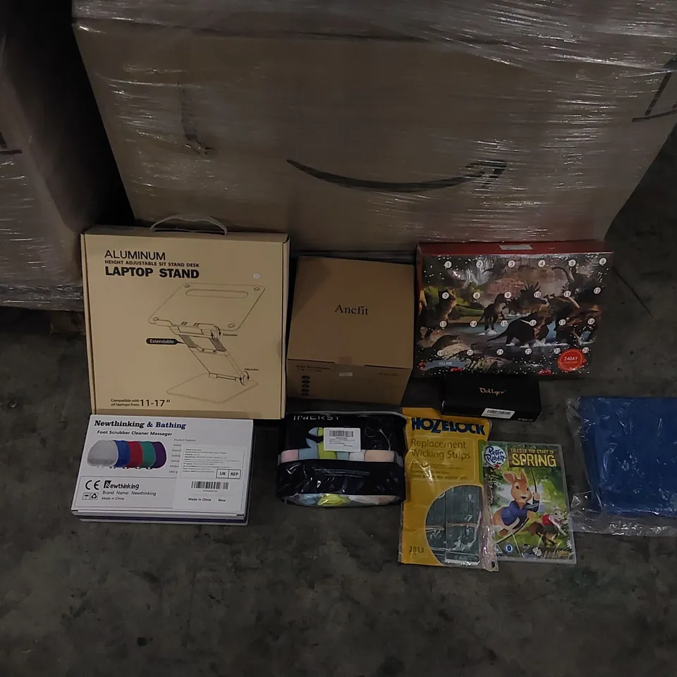 PALLET OF ASSORTED ITEMS INCLUDING: LAPTOP STAND, DINOSAUR ADVENT CALANDER, FOOT SCRUBBER, WICKING STRAPS, DVD, POOL COVER, PET FOUNTAIN, WOMEN'S KNICKERS, SUNGLASSES 