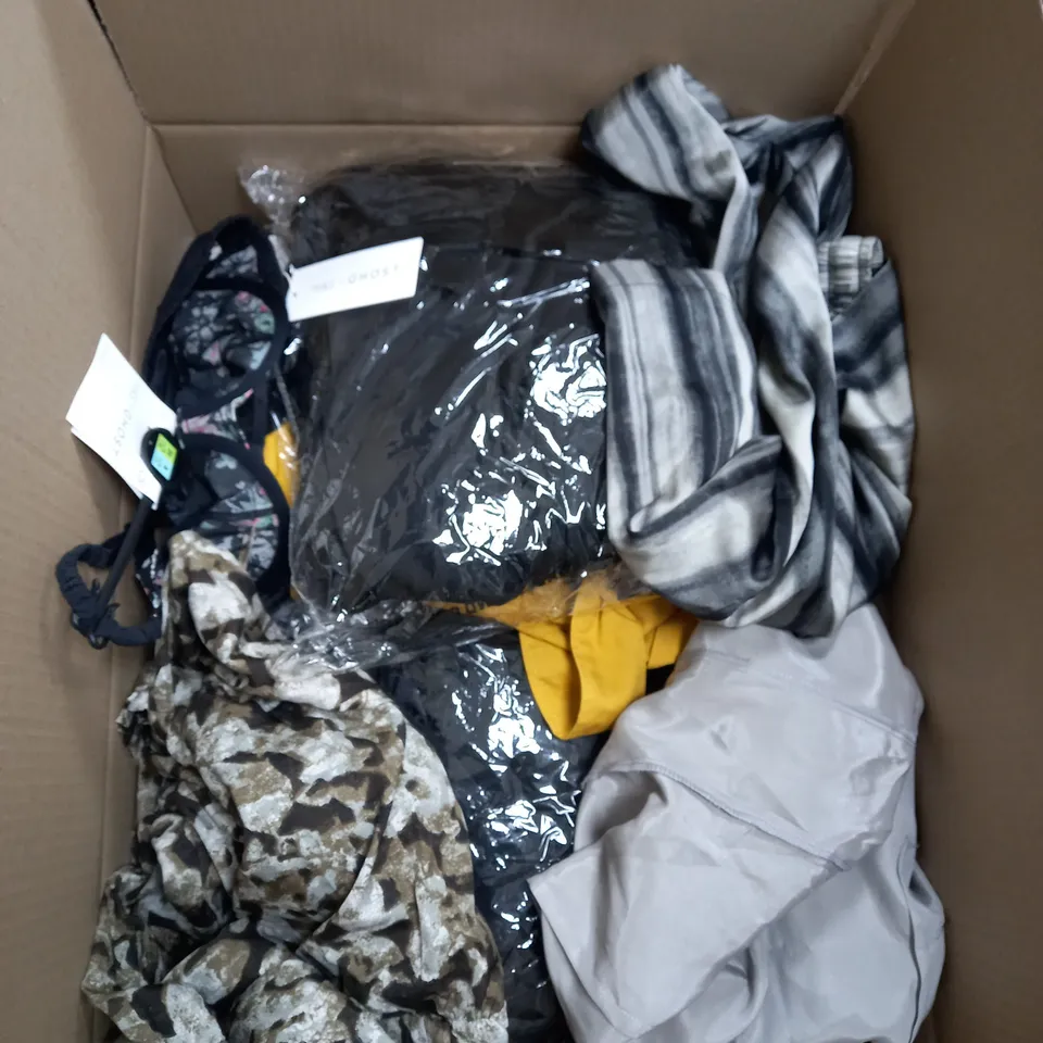 BOX OF APPROX. 25 ASSORTED CLOTHING VARYING IN SIZE/COLOUR/STYLE TO INCLUDE:  TOPS, TROUSERS, JUMPERS