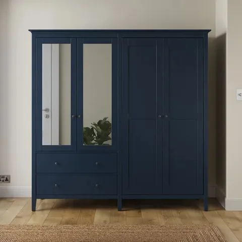 BOXED LYNTON MIRRORED 4 DOOR WARDROBE - NAVY (3 BOXES)