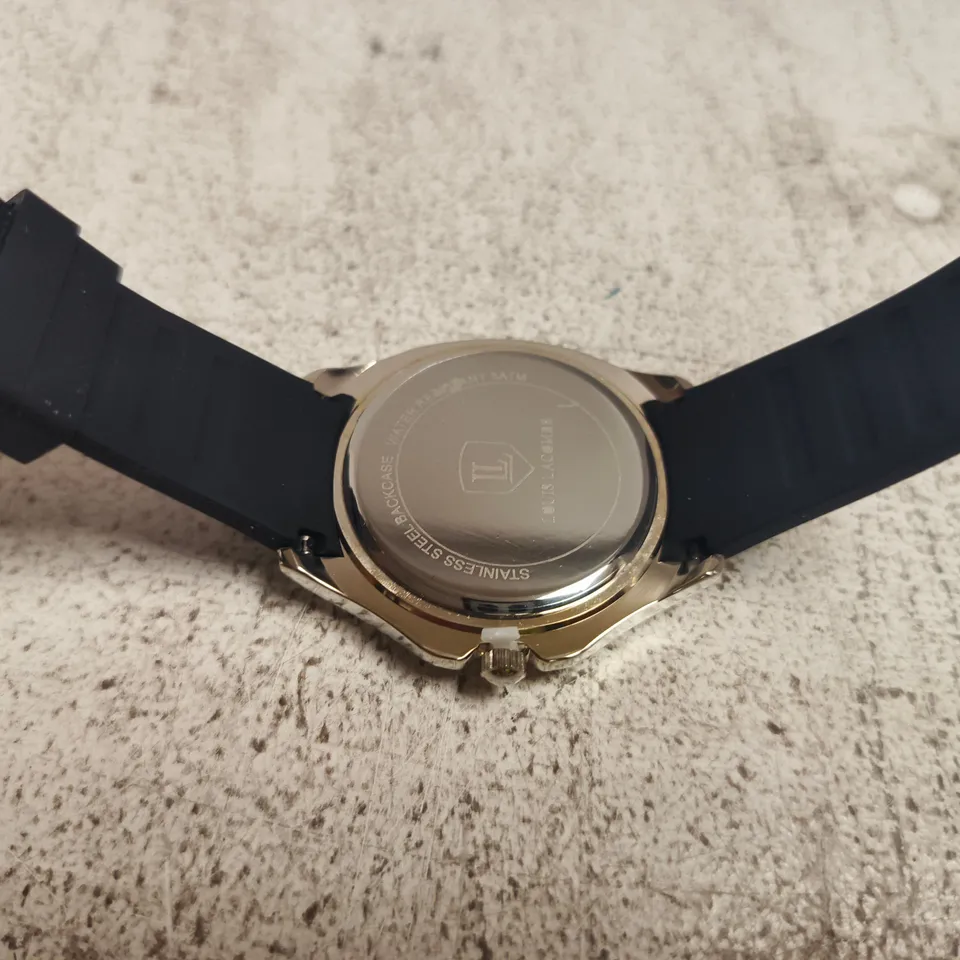LOUIS LACOMBE WRISTWATCH – BLACK DIAL, GOLD-TONE CASE, RUBBER STRAP