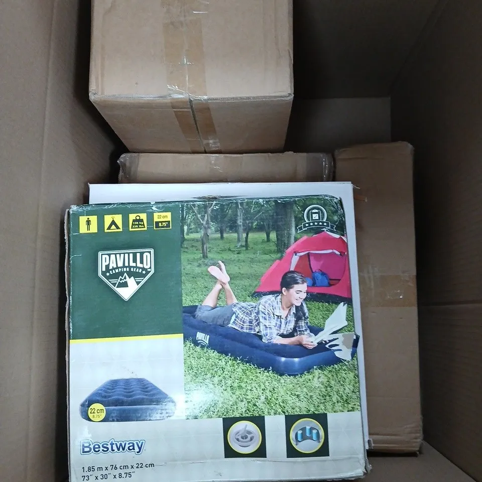 BOX CONTAINING A MIX OF 5 ASSORTED BOXED ITEMS INCLUDING AIR MATTRESS, GLASS TUPPERWARE ETC.