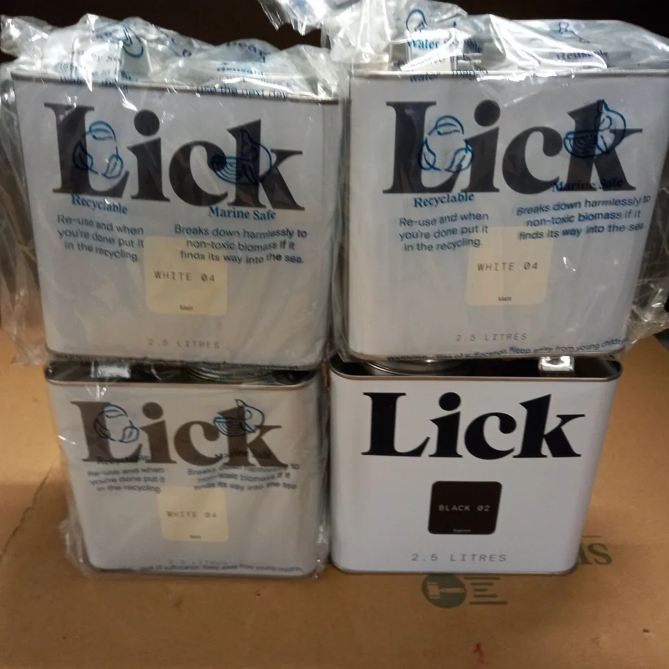 LOT OF 4 LICK 2.5 LITRE PAINTS - 3X WHITE 1X BLACK - COLLECTION ONLY