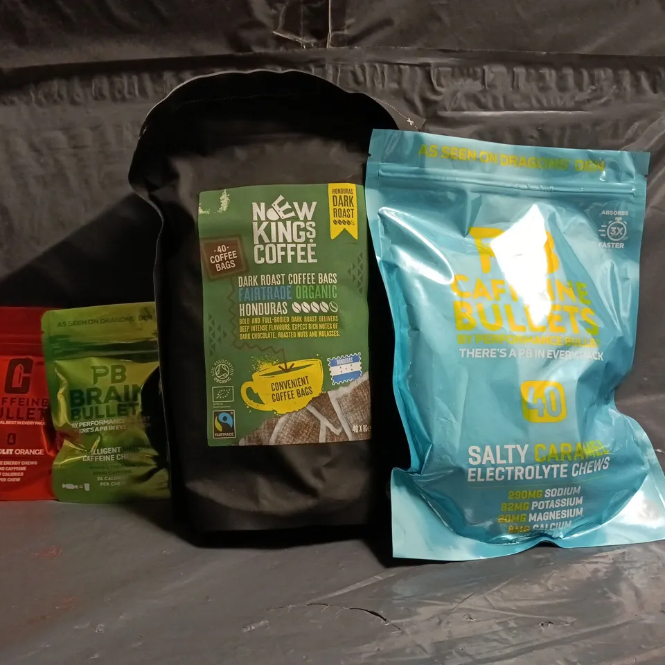 APPROXIMATELY 8 ASSORTED FOOD AND DRINK ITEMS TO INCLUDE PB CAFFEINE BULLETS, DARK ROAST COFFEE BAGS, ETC