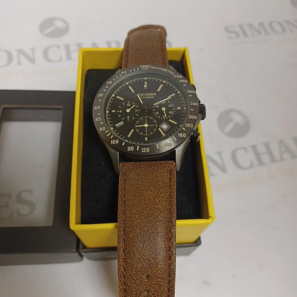 BOXED SEKONDA BROWN GENUINE LEATHER WATCH WITH DATE FEATURES