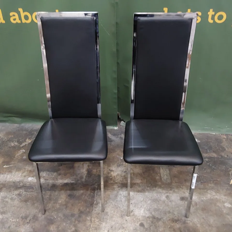 PAIR UPHOLSTERED HIGH BACK DINING CHAIRS BLACK PU CHROME FRAMES 