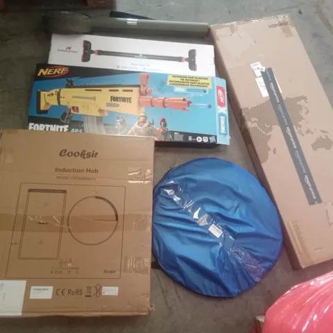 PALLET OF ASSORTED ITEMS INCLUDING COOKSIR INDUCTION HOB, POP UP SPORTS TENT, RHINOSPORT PULL UP BAR, HOMIDEC PLANT STAND, NERF FORTNITE FOAM BLASTER, MAX CATCH FISHING POLE