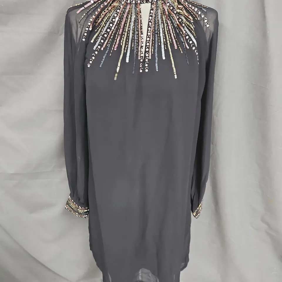 WALLIS OCCASION HIGH NECK EMBELLISHED SHIFT DRESS IN BLACK SIZE 10