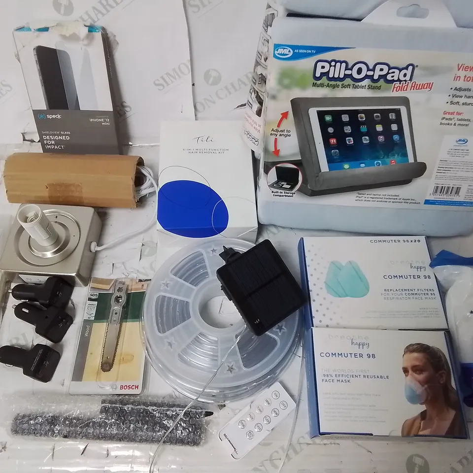 LARGE QUANTITY OF ASSORTED ITEMS TO INCLUDE PILL-O-PAD, MULTIPLE FACE MARKS, BIONIC ROPE LIGHTS, DELL MONITOR AND ELECTRIC SCOOTER PART
