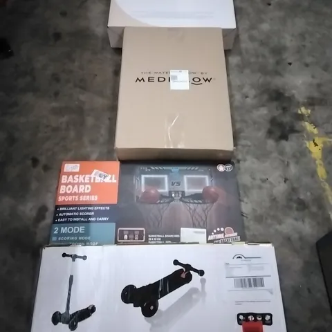 PALLET OF HOUSEHOLD ITEMS TO INCLUDE CEILING LIGHT, WATER PILLOW,BASKETBALL BOARD, SCOOTER AND OTHER ASSORTED ITEMS...