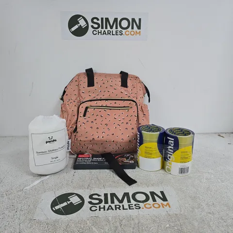 BOX OF APPROXIMATELY 20 ASSORTED HOUSEHOLD ITEMS TO INCLUDE BACK PACK, MATTRESS PROTECTOR, SHOE POLISH, SELLOTAPE ETC