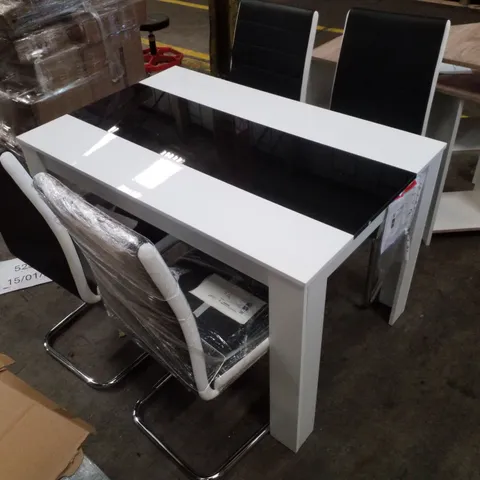 DINING TABLE AND 4 FAUX LEATHER BLACK WHITE PADDED CHAIRS HIGH GLOSS WOOD DINING KITCHEN SET OF 4
