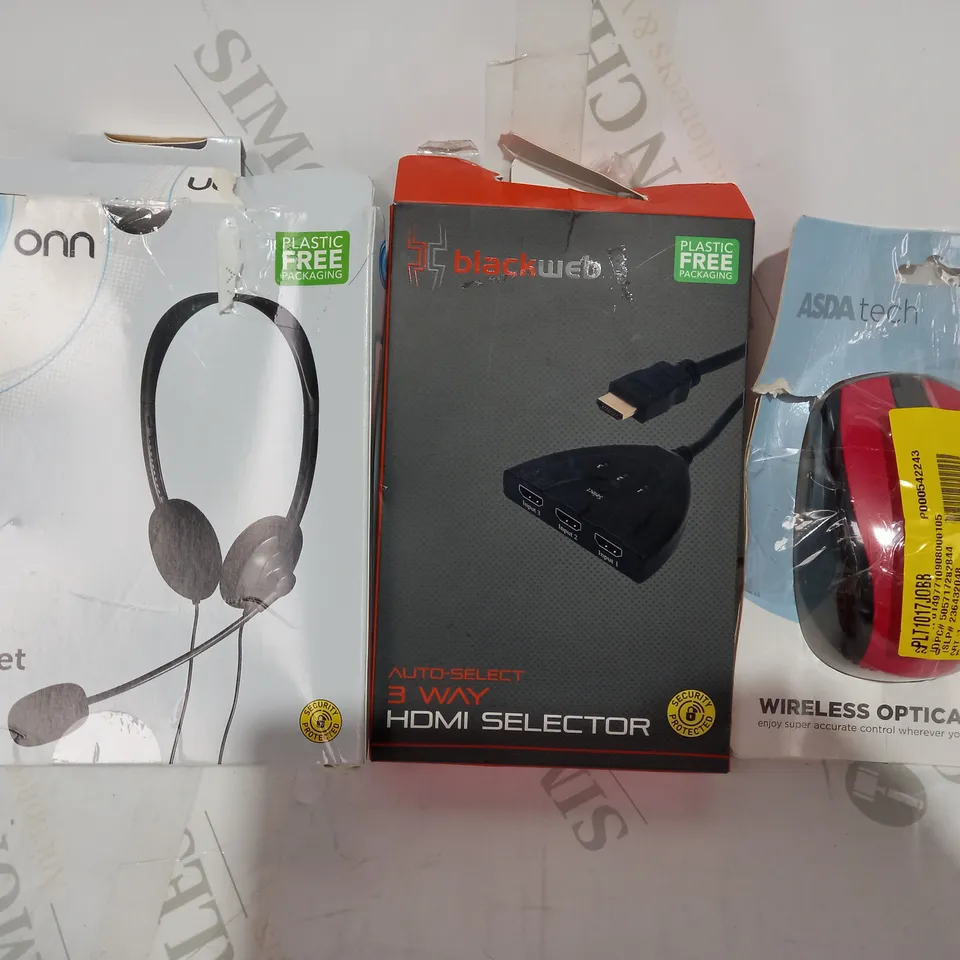 BOX OF APPROXIMATELY 20 ASSORTED HOUSEHOLD ITEMS TO INCLUDE ONN STEREO HEADSET, BLACKWEB 3-WAY HDMI SELECTOR, ASDA TECH WIRELESS OPTICAL MOUSE, ETC