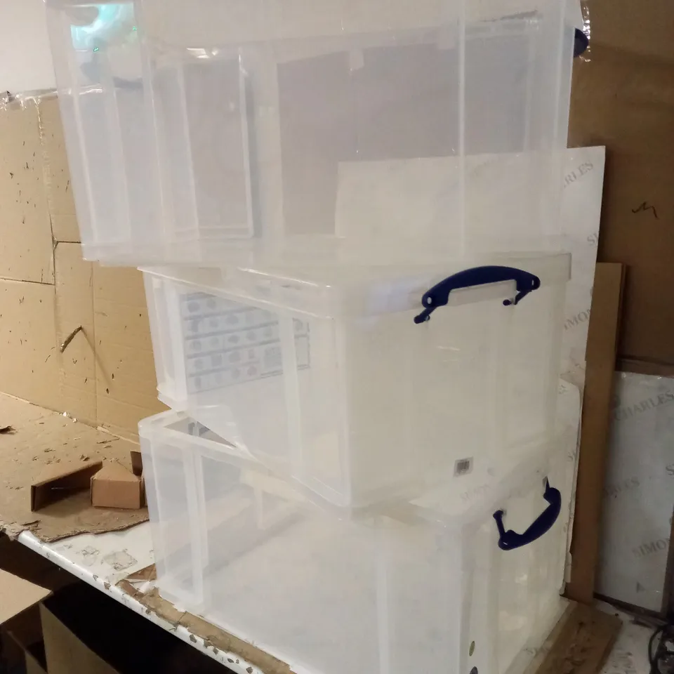 REALLY USEFUL 84L CLEAR PLASTIC STORAGE BOXES [3 BOXES, 1 LID]