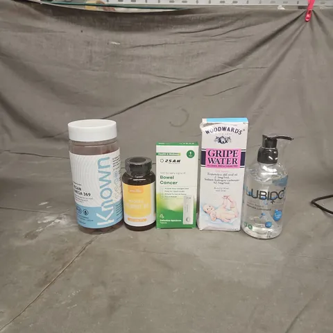 TOTE OF APPROXIMATELY 20 ASSORTED HEALTHCARE PRODUCTS TO INCLUDE LUBIDO INTIMATE LUBRICANT - WOODWARD'S GRIPE WATER AND KNOWN VEGAN OMEGA 369