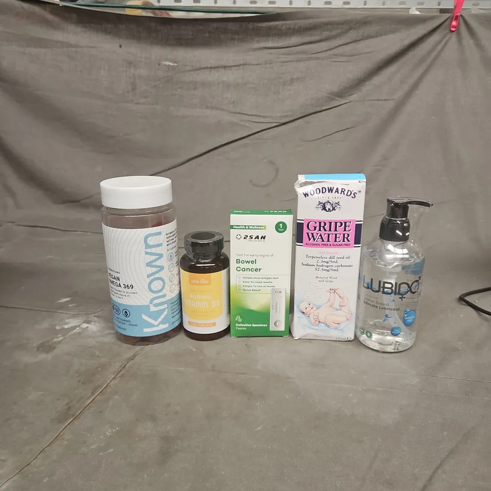 TOTE OF APPROXIMATELY 20 ASSORTED HEALTHCARE PRODUCTS TO INCLUDE LUBIDO INTIMATE LUBRICANT - WOODWARD'S GRIPE WATER AND KNOWN VEGAN OMEGA 369