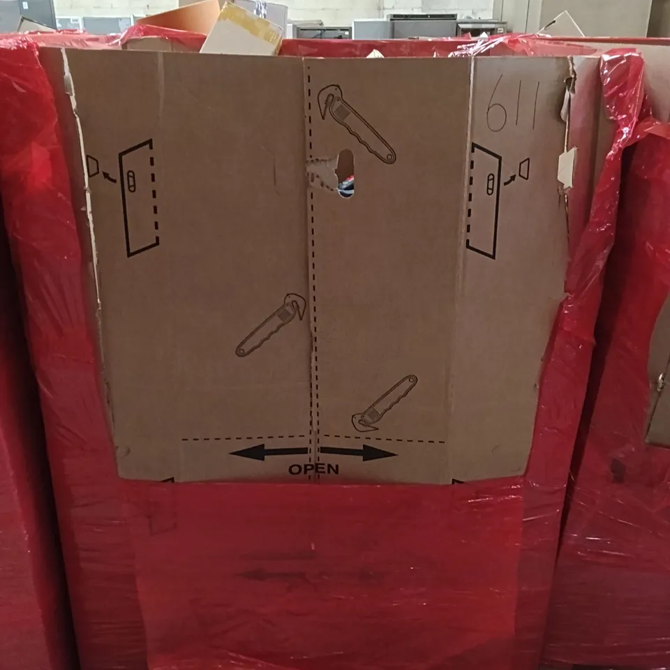PALLET OF ASSORTED HOUSEHOLD GOODS AND PRODUCTS TO INCLUDE; AIR CONDITIONER, BIKE FORKS, KIDS TOY, BOXED FURNITURE ETC