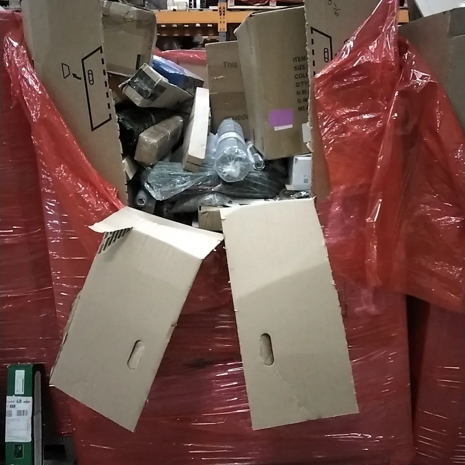 PALLET OF HOUSEHOLD ITEMS TO INCLUDE KICK SCOOTER, RETRACTABLE SAFETY GATE, LED METEOR LIGHT, VIBRATION PLATE AND OTHER ASSORTED ITEMS...