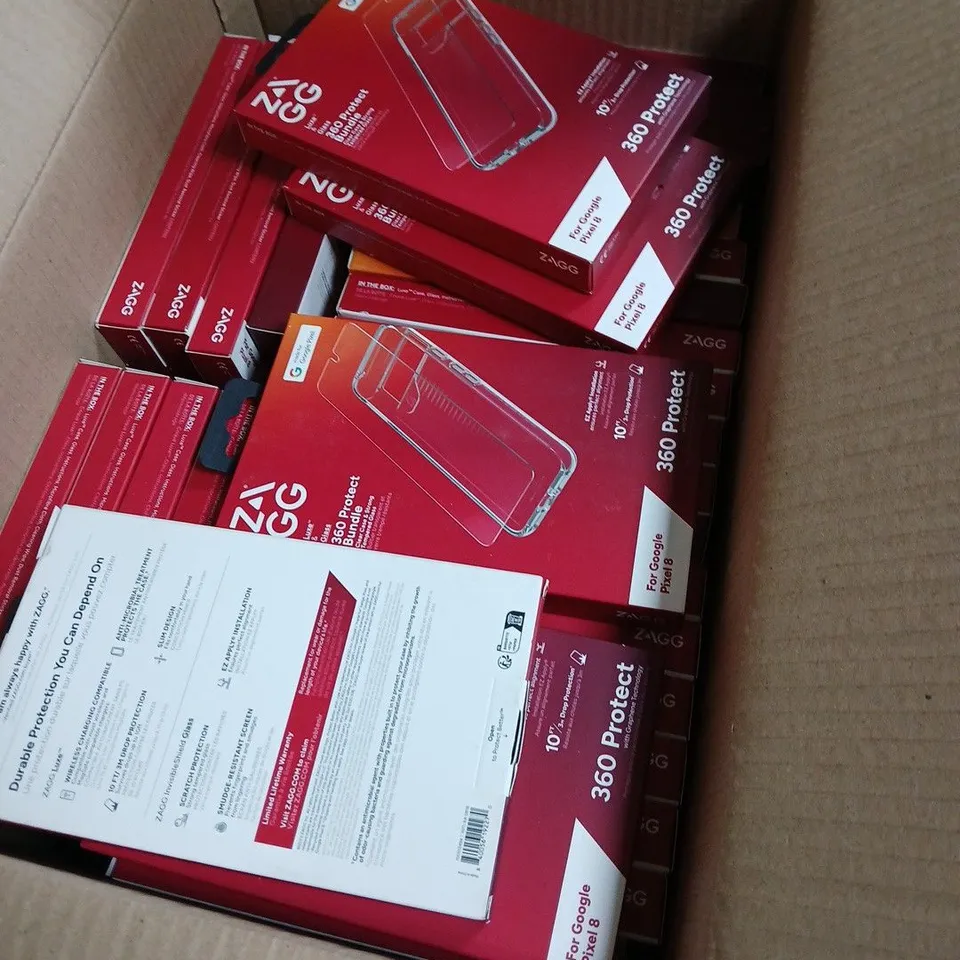 BOX OF APPROXIMATELY 50 ZAGG 360 PROTECT BUNDLE FOR GOOGLE PIXEL 8 