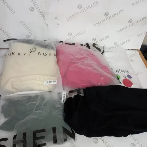 LARGE BOX OF ASSORTED CLOTHING ITEMS IN VARIOUS COLOURS AND SIZES INCLUDING TROUSERS , TOPS AND JUMPERS