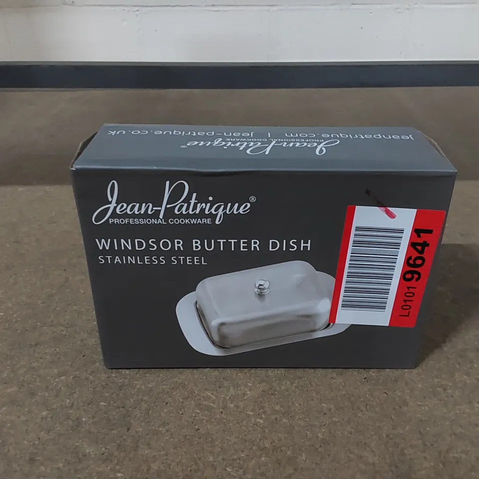 BOXED JEAN PATRIQUE STAINLESS STEEL BUTTER DISH 