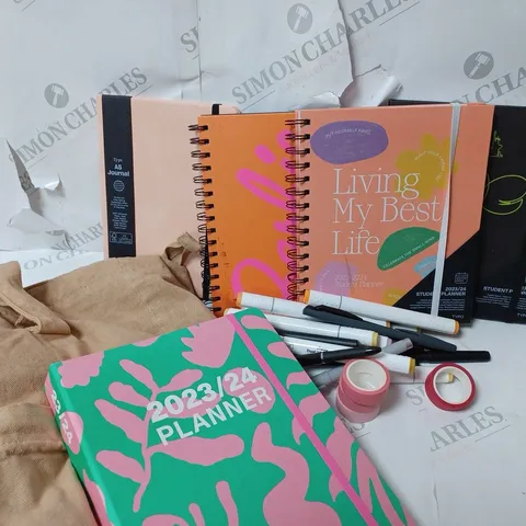 APPROXIMATELY 7 COTTON ON ITEMS INCLUDING TAN EXTRA LARGE TOTE BAG, 5 A5 NOTEBOOKS AND PLANNERS