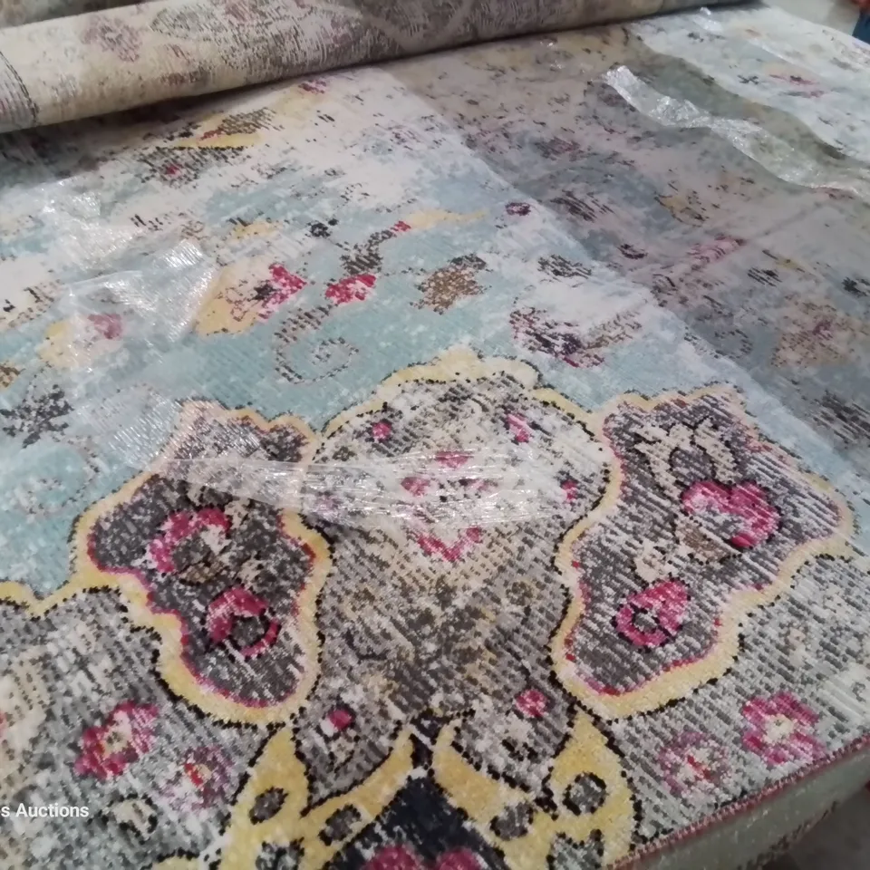 DESIGNER AMBER FLAT WEAVE TURQUOISE/PINK/CREAM RUG 200 × 280