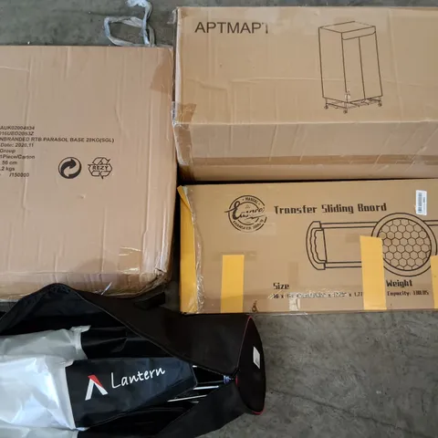 PALLET OF ASSORTED HOUSEHOLD ITEMS TO INCLUDE PARASOL BASE, TRANSFER SLIDING BOARD AND FOLDING WARDROBE