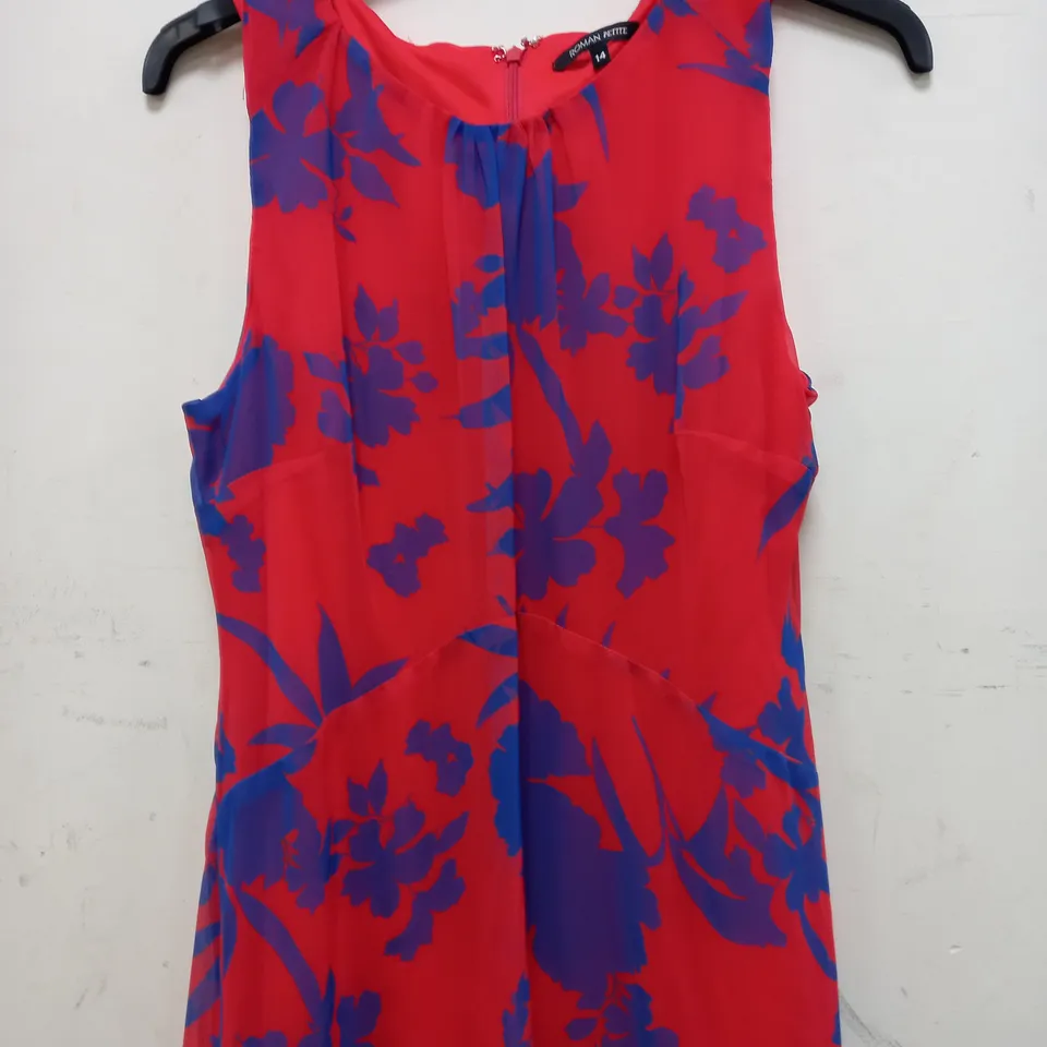 ROMAN PETITE CHIFFON DRESS IN FLORAL DESIGN IN RED/BLUE - SIZE 14