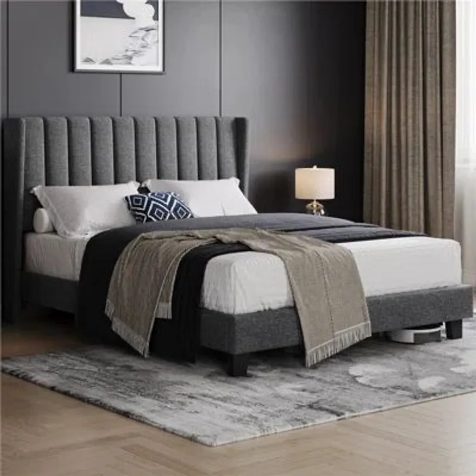 BOXED UPHOLSTERED BED FRAME WITH CHANNEL - DARK GREY, KING SIZE (2 BOXES)