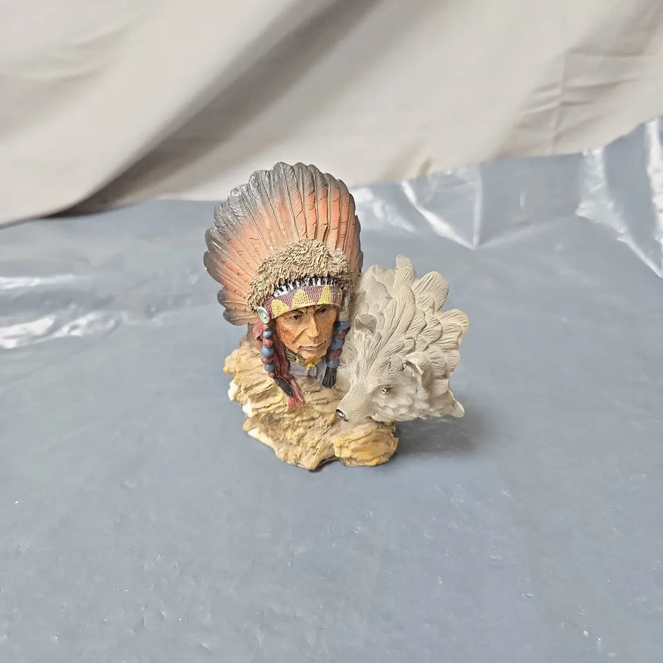 NATIVE AMERICAN CHIEF WITH WOLF FIGURINE – DECORATIVE SCULPTURE. MRH BRAND ON REVERSE