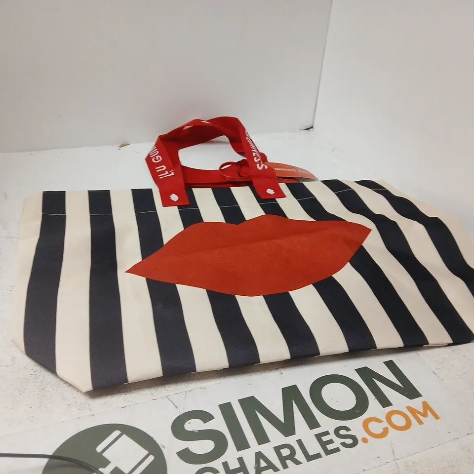 LULU GUINESS LIPS GRAPHIC TOTE BAG – STRIPED BLACK & WHITE WITH RED HANDLES