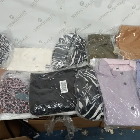 LARGE BOX OF ASSORTED CLOTHING ITEMS TOO INCLUDE TOPS , DRESSES AND JUMPERS COMING IN DIFFERENT COLOURS AND SIZES 