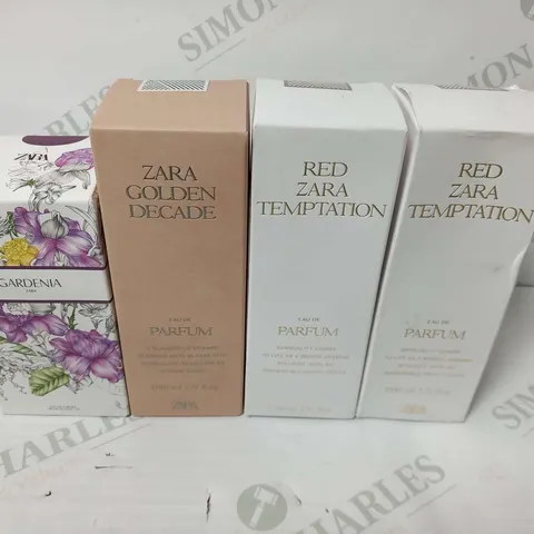 FOUR ASSORTED ZARA FRAGRANCES TO INCLUDE; DECADE, TEMPTATION AND GARDENIA