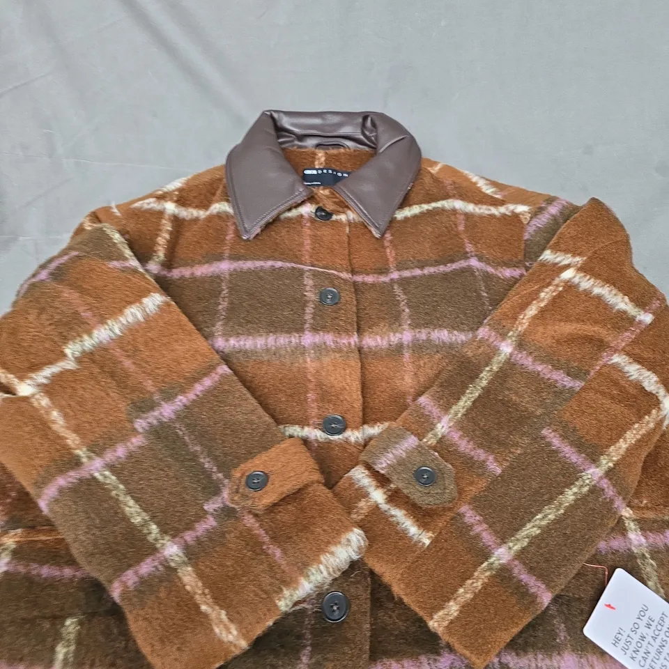 ASOS DESIGN BROWN PLAID FAUX-FUR COAT – SIZE S