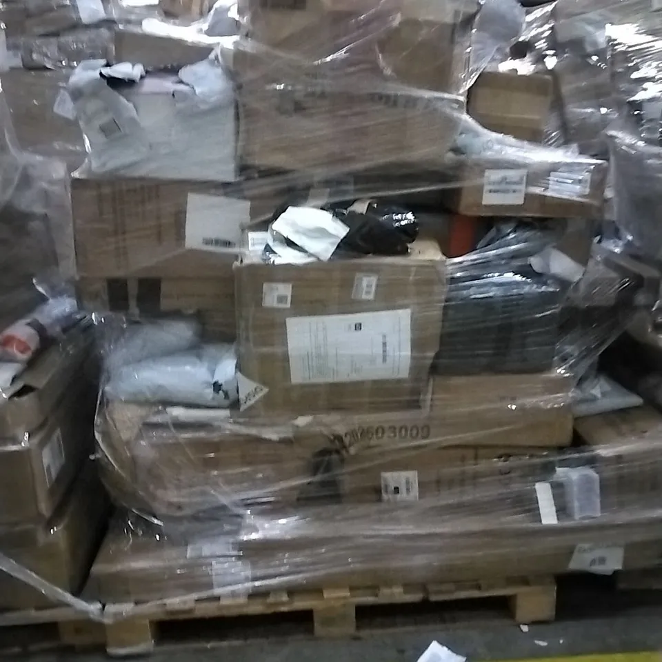 PALLET OF HOUSEHOLD ITEMS TO INCLUDE BLANKETS, VACUUM CLEANER, STANDING DESK FRAME AND OTHER ASSORTED ITEMS...