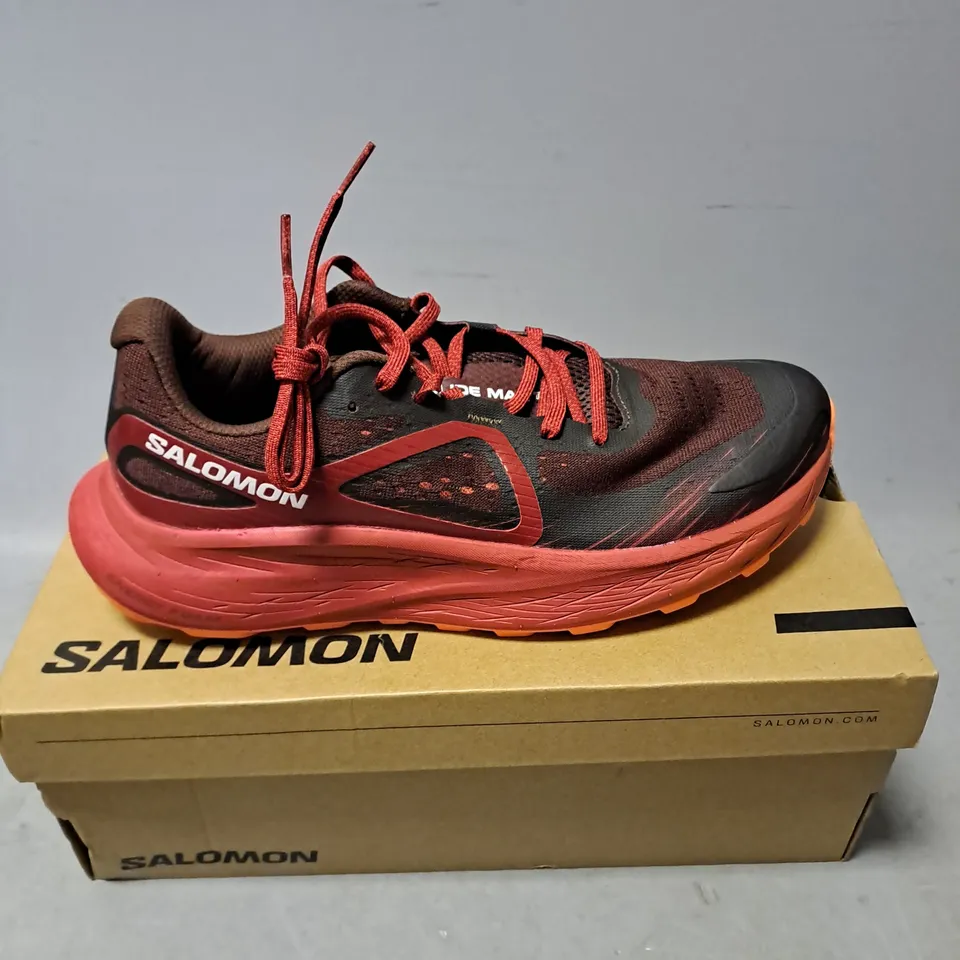 BOXED PAIR OF SALOMON GLIDE MAX TRAINERS IN RED MULTI SIZE 8.5