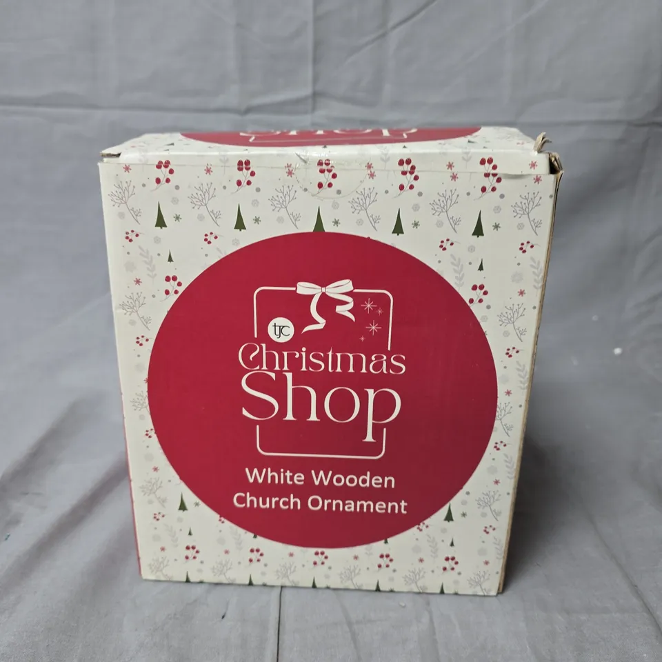 WHITE WOODEN CHURCH ORNAMENT – CHRISTMAS SHOP